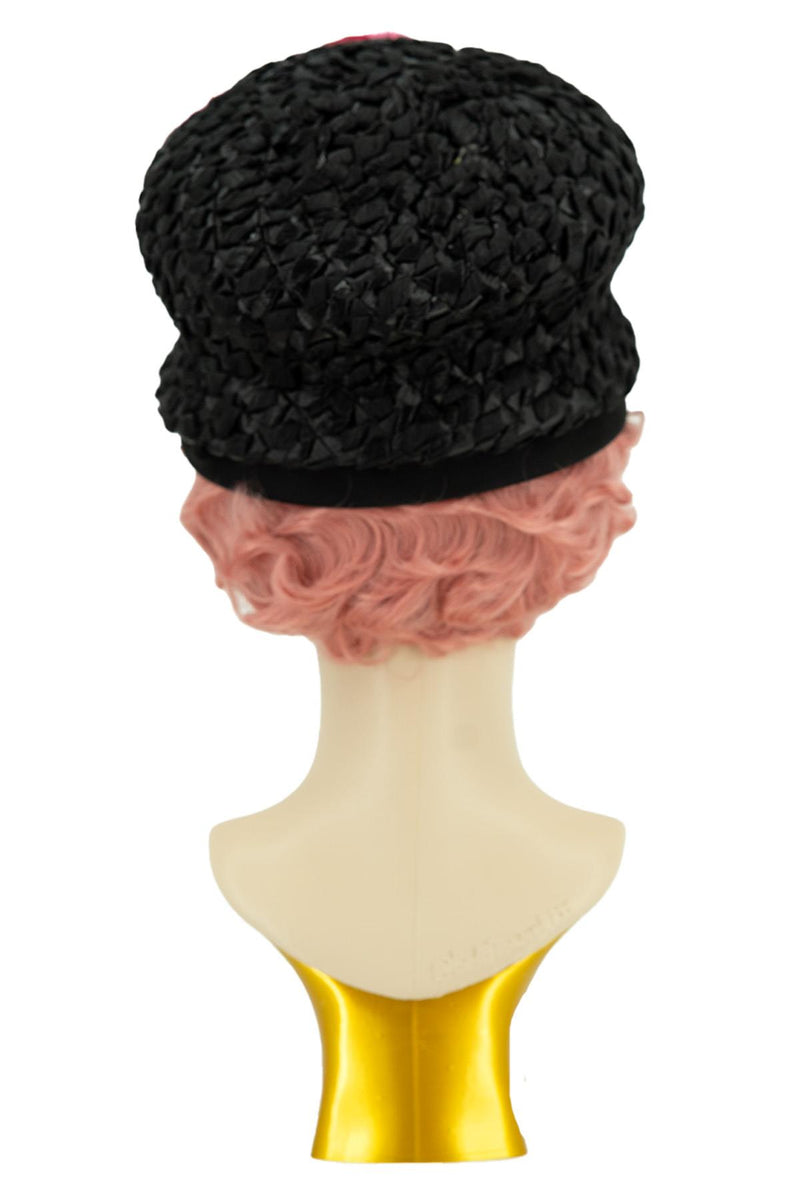 Black Raffia Pink Flower 1960s Vintage Hat