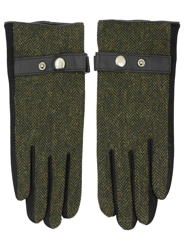 Genuine Leather & Green Wool Herringbone Gloves