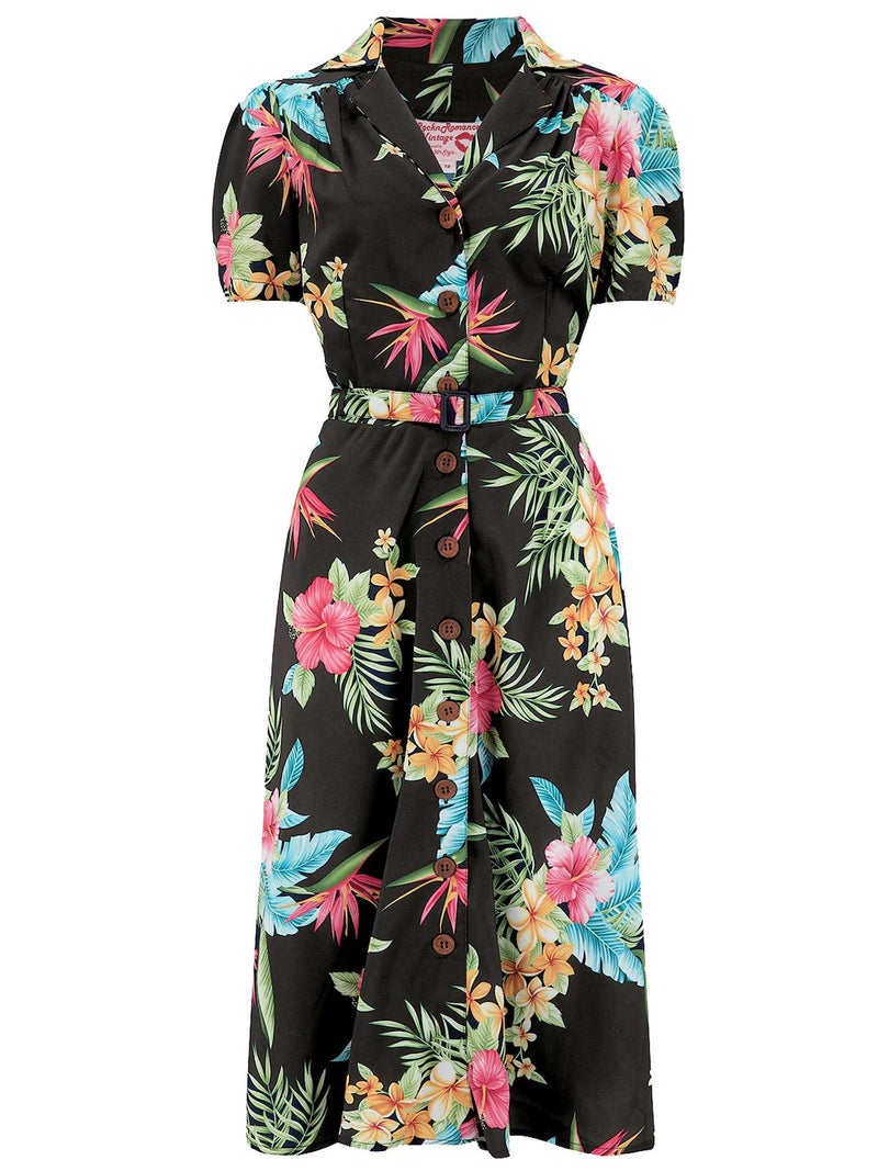 Vintage Style Black Tropical Print Shirtwaister Dress