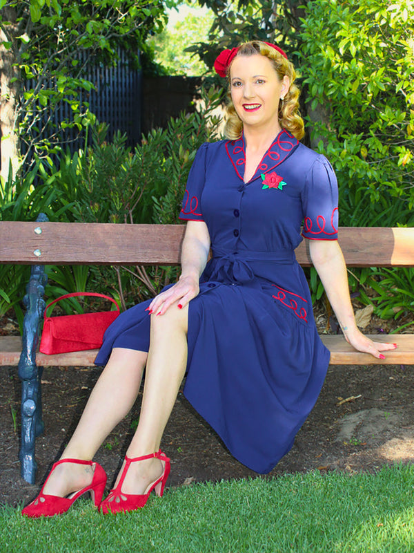 Vintage Style Navy & Red Soutache Loop Decor Dress