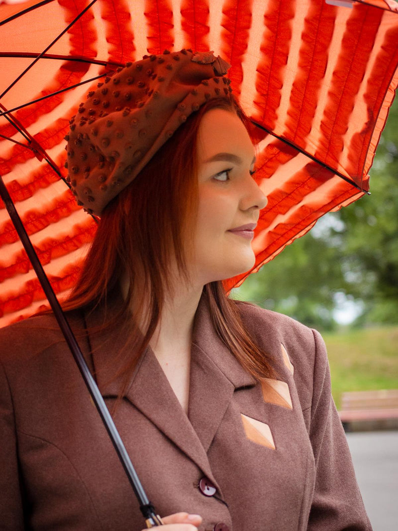 Frilly Rust Orange Bamboo Handle Vintage Umbrella