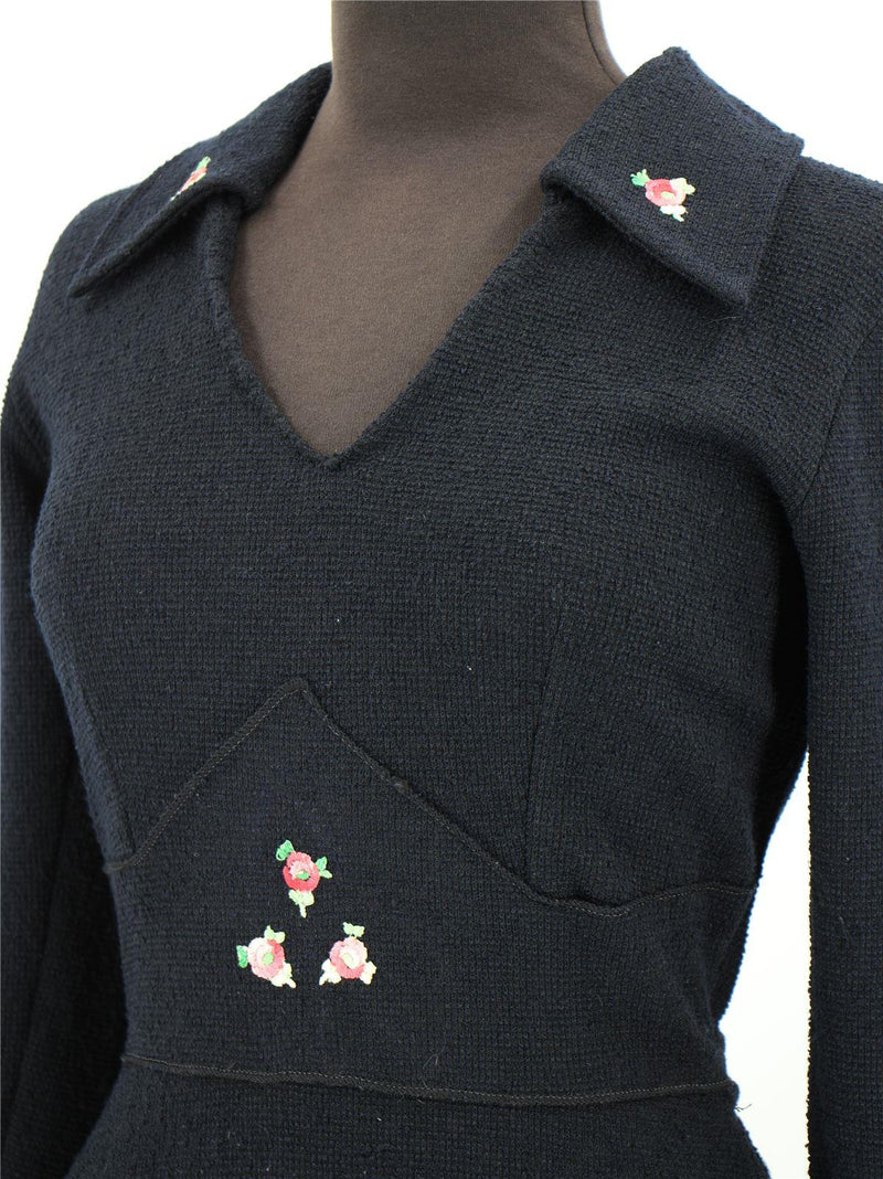 Black Boucle 1970s Vintage Floral Embroidery Dress