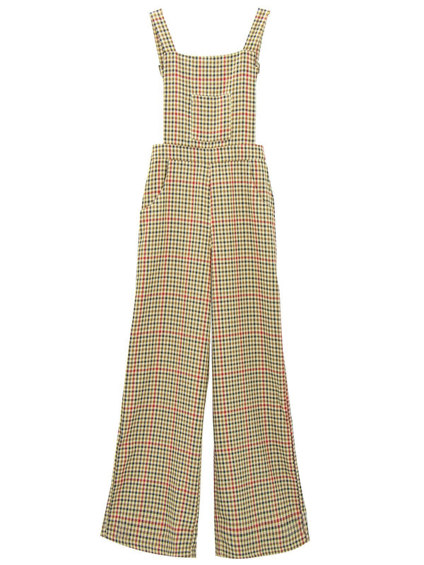 Vintage Style Beige & Red Check Dungarees