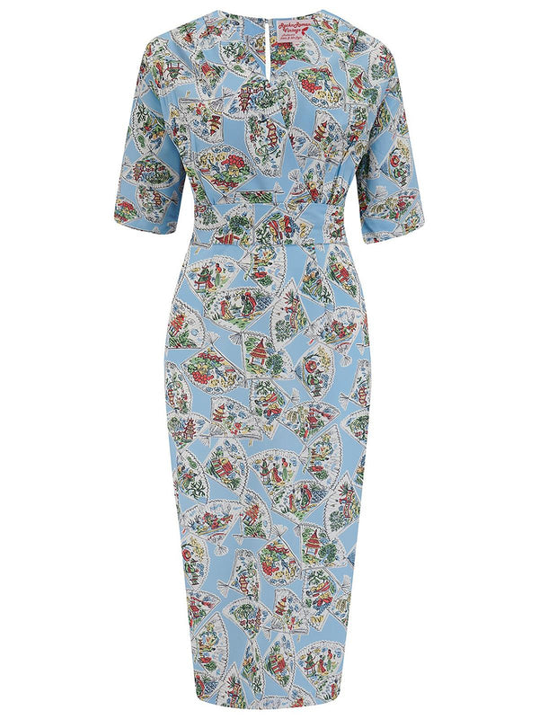 Vintage Style Blue Pagoda Print Wiggle Dress