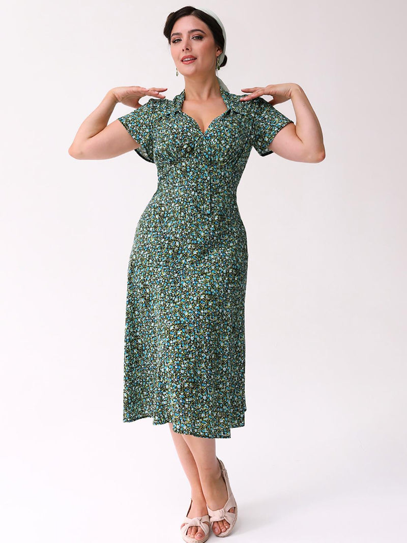 1940s Look Blue & Green Ditsy Floral Tea Dress