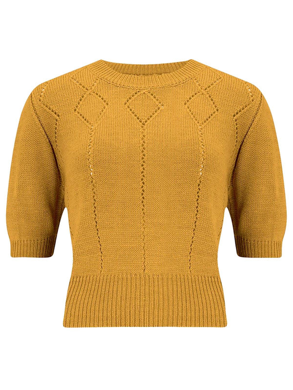 Mustard Yellow Vintage Style Cropped Diamond Knit Top