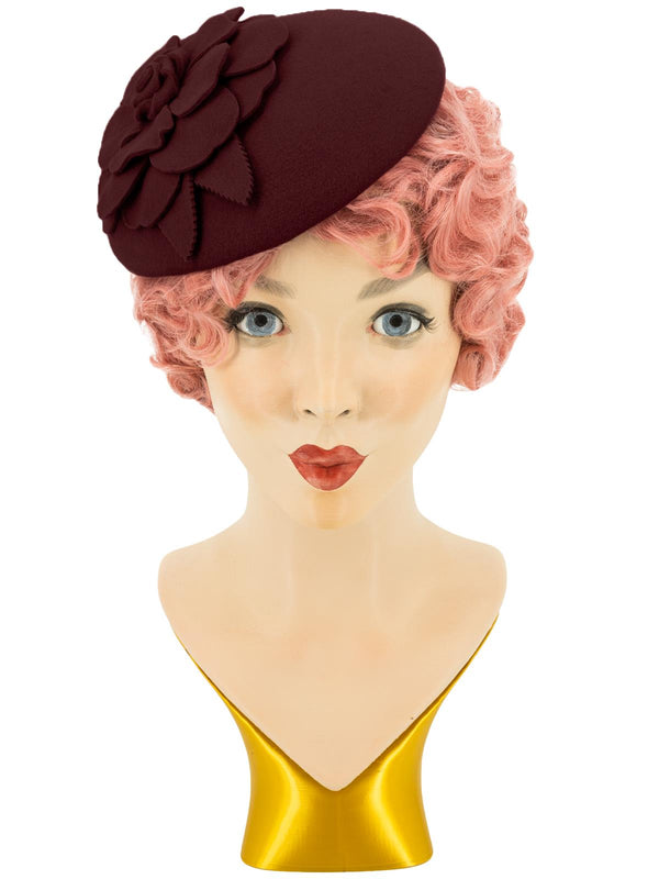 Burgundy Vintage Style Felt Flower Button Hat