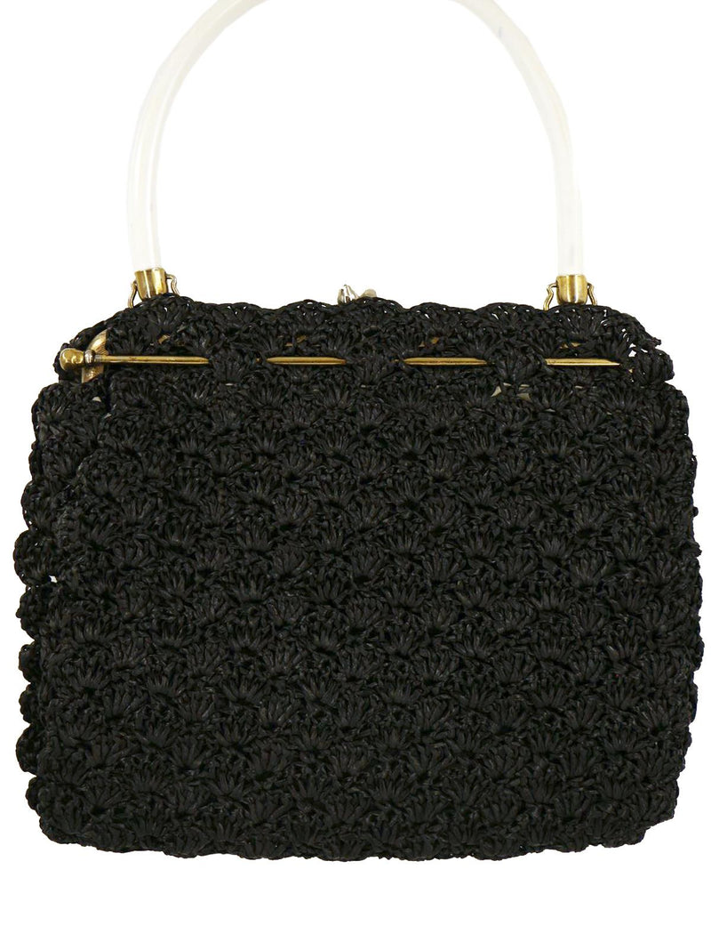 Midcentury Vintage Black Raffia Crochet Bag