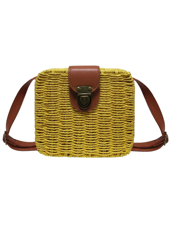 Vintage Style Square Yellow Straw Cross Body Bag