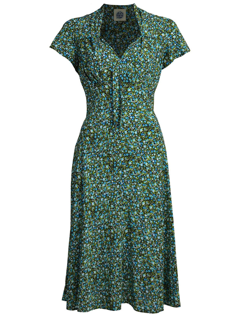 1940s Look Blue & Green Ditsy Floral Tea Dress