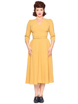 Mustard Yellow Vintage Style Belted Swing Dress