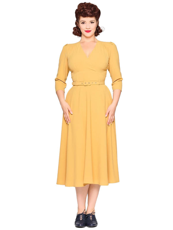 Mustard Yellow Vintage Style Belted Swing Dress