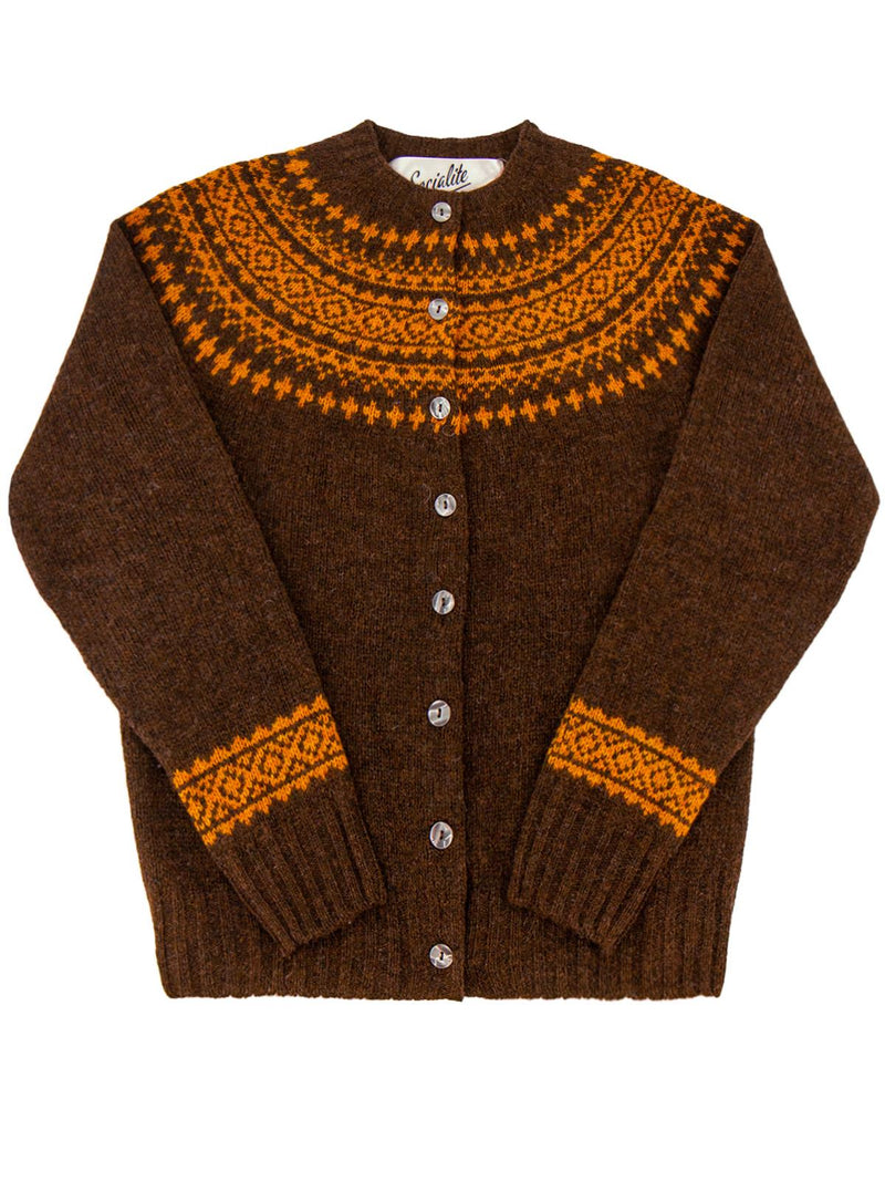 1940s Style Pure Wool Fairisle Cardigan in Coffee Brown