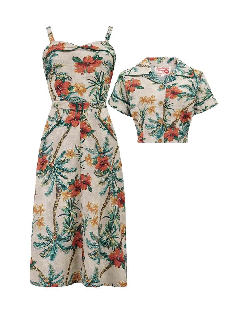 Two Piece Vintage Style Tiki Palm Print Dress & Bolero Set