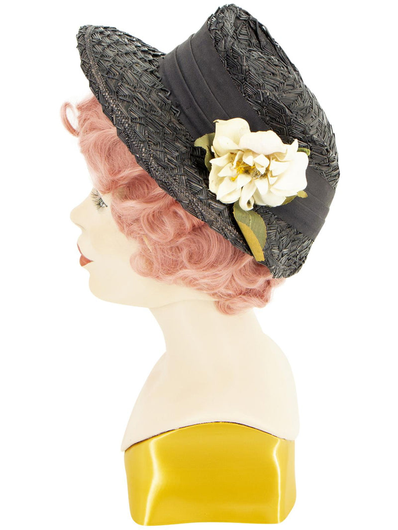 Woven 1940s Black Halo Hat Floral Trim