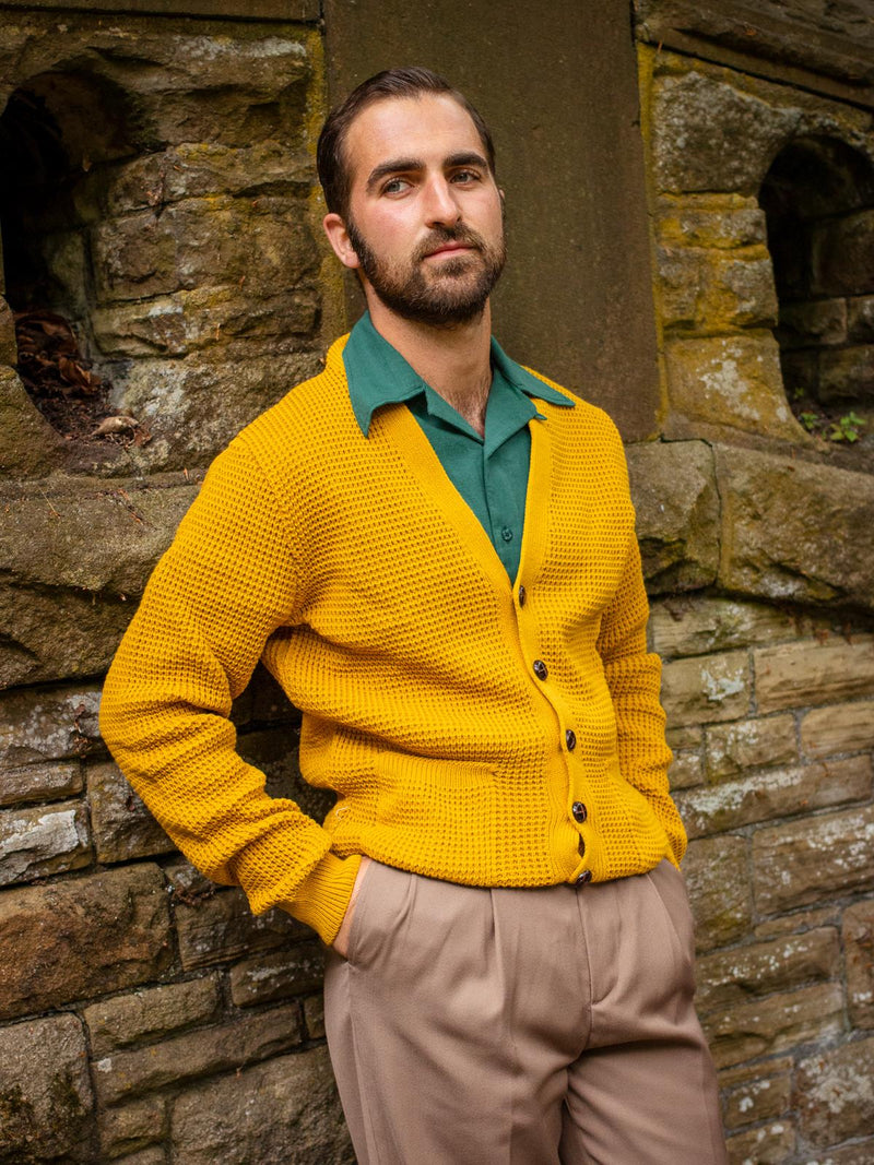 Mustard Yellow Waffle Knit V-Neck Vintage Style Cardigan