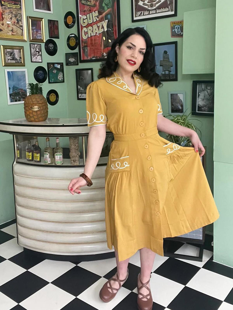 Vintage Style Mustard & Cream Soutache Decor Dress