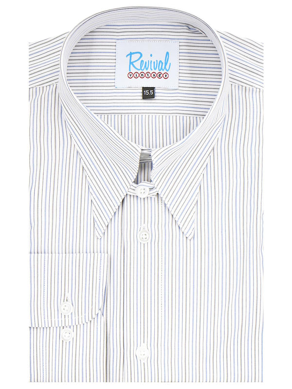 1940s Spearpoint Collar Shirt - Grey & Blue Windsor Stripe - Tab Collar