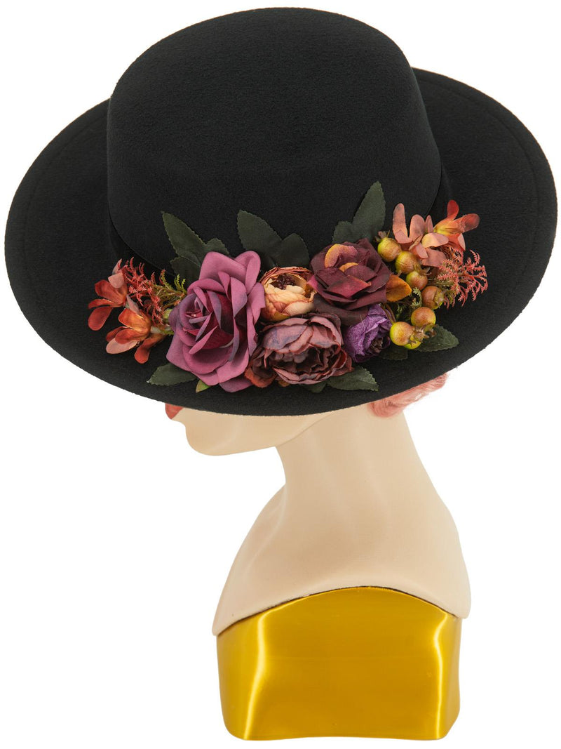 Black Felt Vintage Style Hat Floral Trim