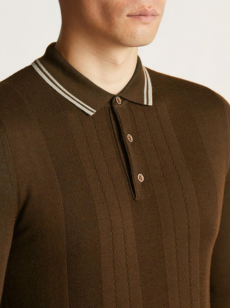 Brown Merino Wool Long Sleeve Retro Knitted Polo