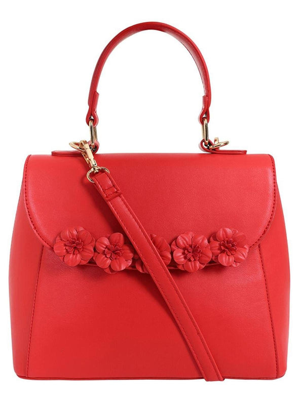 Red Hibiscus Trim Vintage Style Floral Handbag