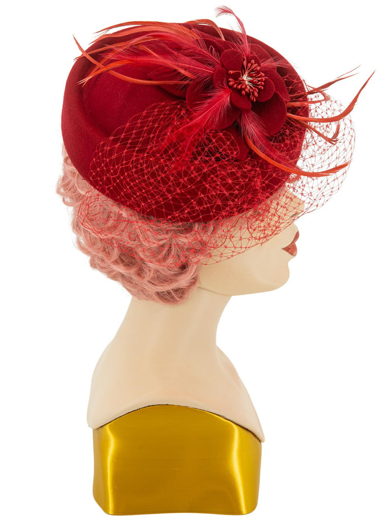 Red Vintage Style Feather Trim Pillbox Hat