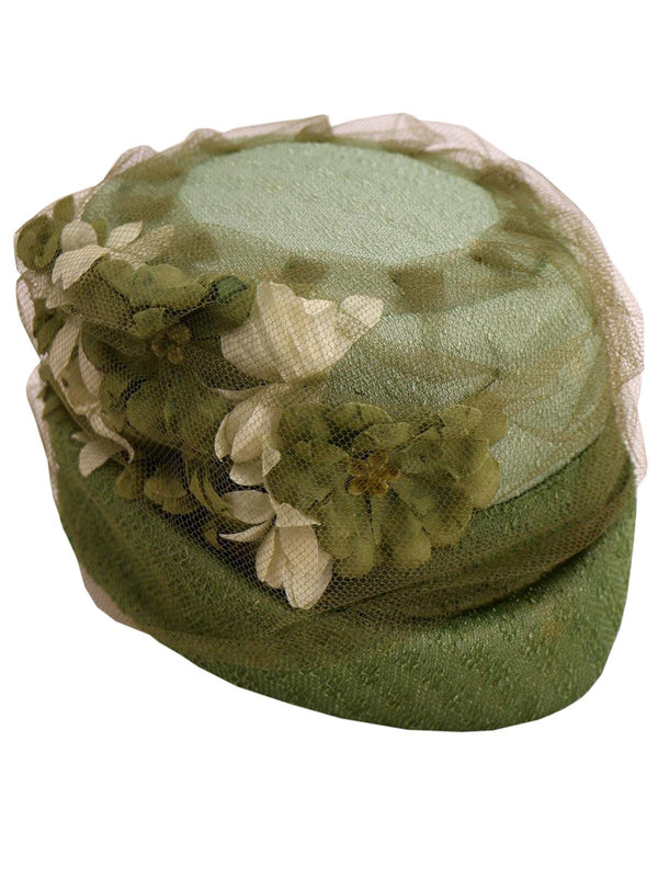 Green 1960s Vintage Tall Floral Net Hat