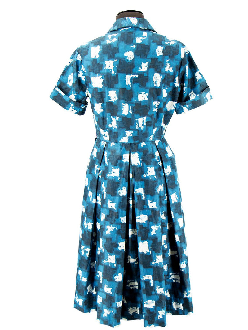 1950s Vintage Teal Abstract Cotton Tea Dress