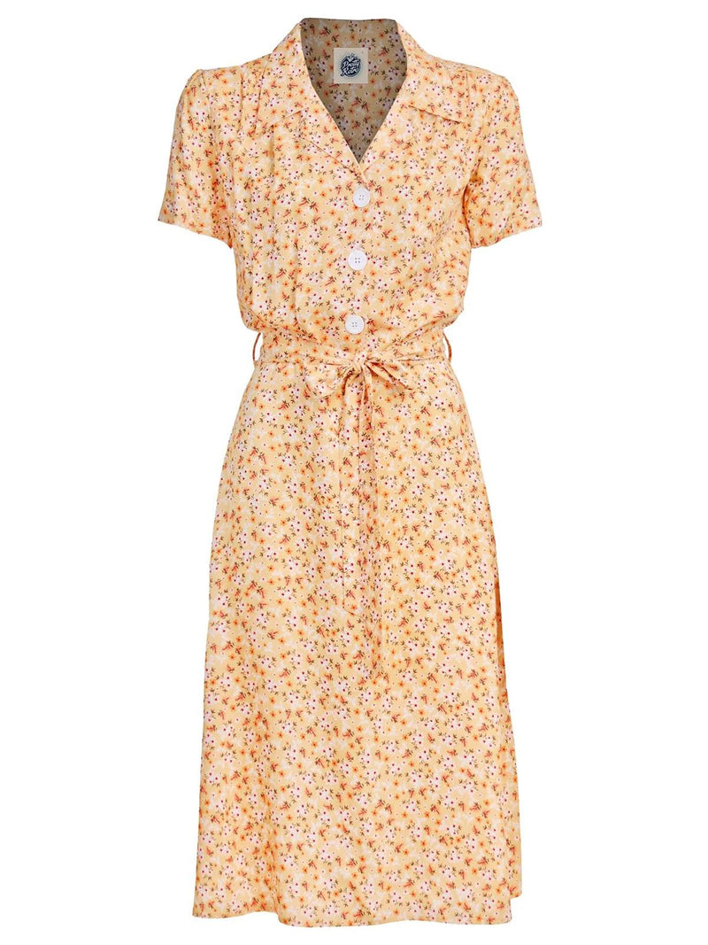 1940s Inspired Yellow Ditsy Floral Shirt Dress