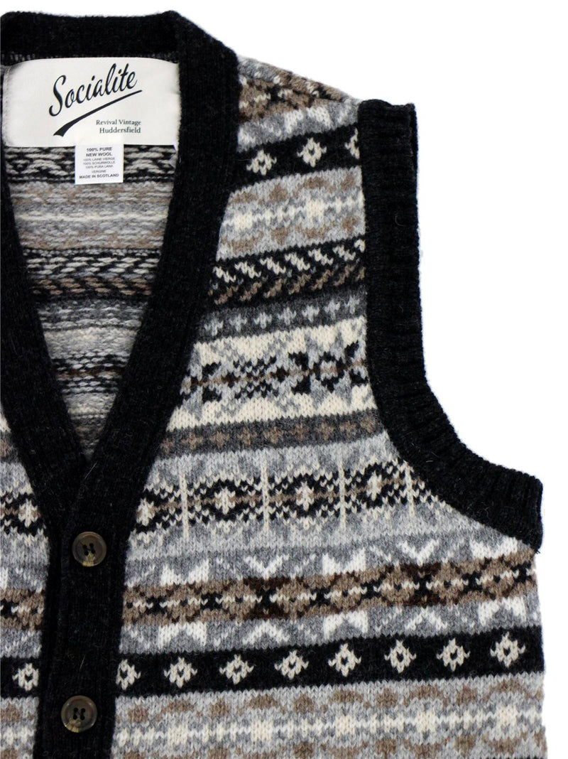 Forties Vintage Scottish Wool Buttoned Fairisle Tank Top in Charcoal Grey