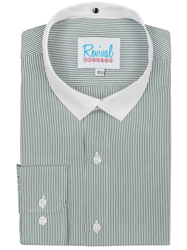 Green Stripe Collarless Grandad Shirt with Detachable Bankers Collar