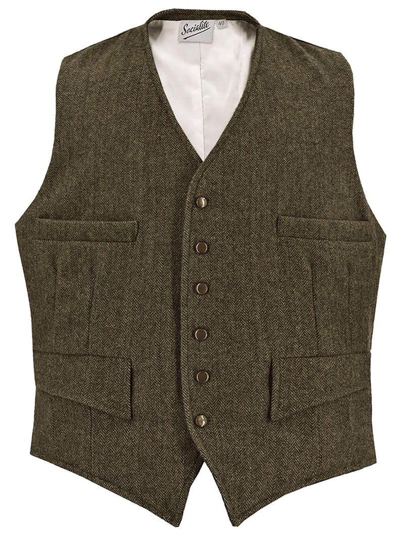 Clubman Herringbone Wool Waistcoat in Green