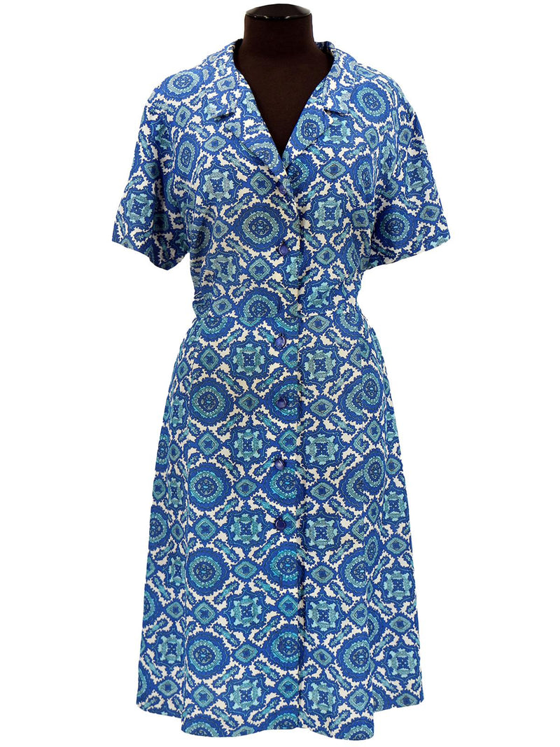 Blue Ornate Print 1950s Vintage Shirt Dress