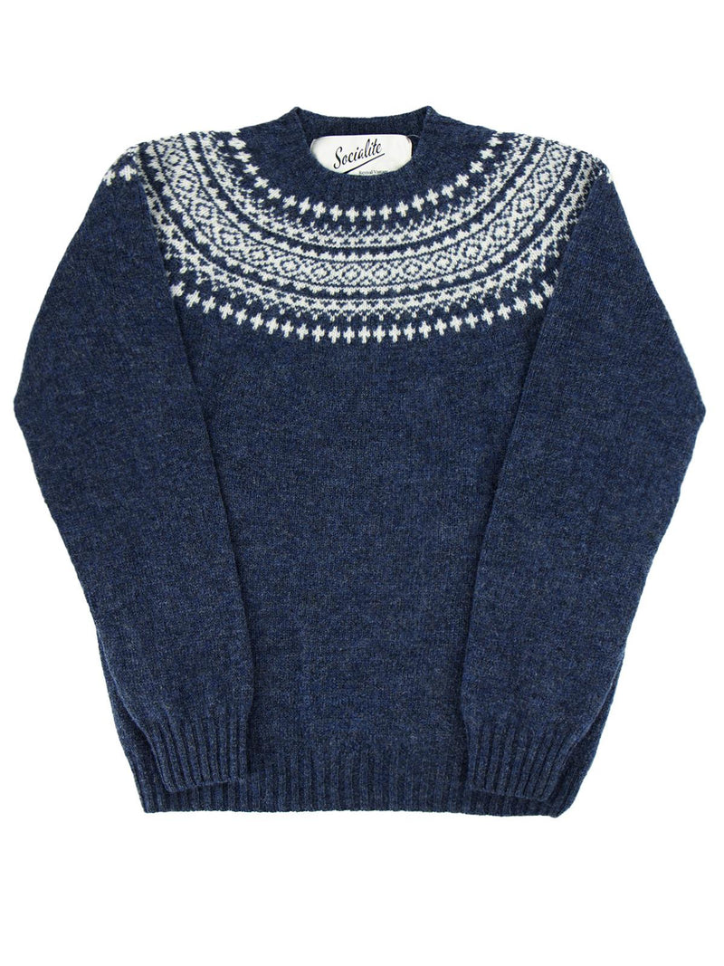 Scottish Wool Fairisle Crewneck Jumper in Denim Blue