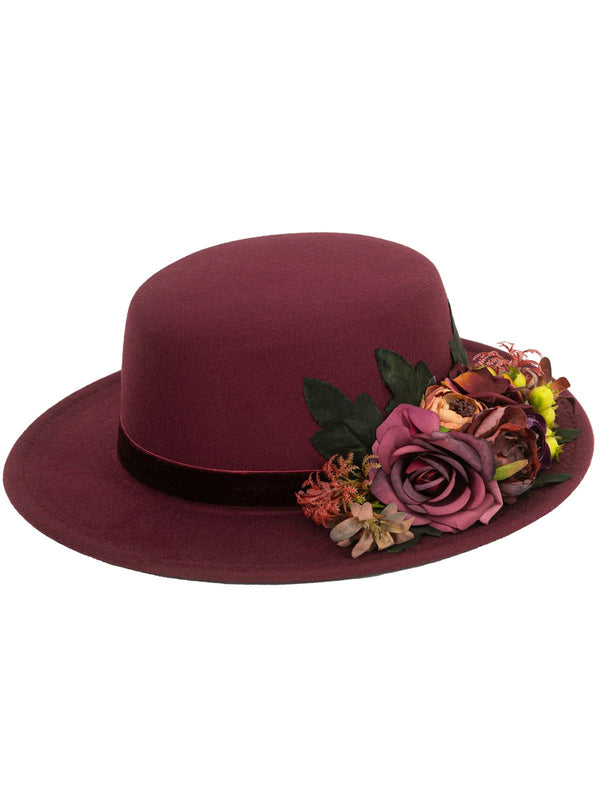 Felt Vintage Style Hat Floral Trim  In Burgundy