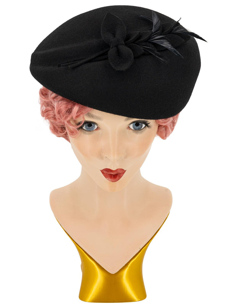 Black Vintage Style Felt Petal & Feather Hat