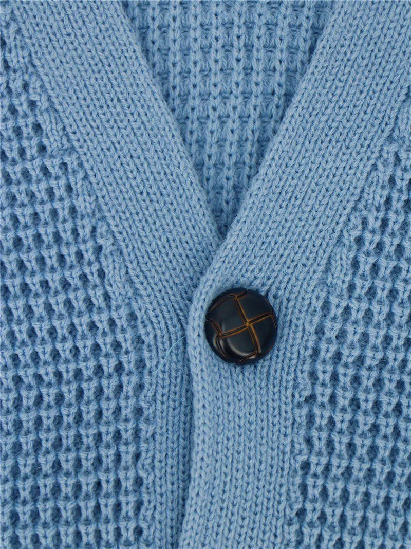 Sky Blue Waffle Knit V-Neck Vintage Style Cardigan