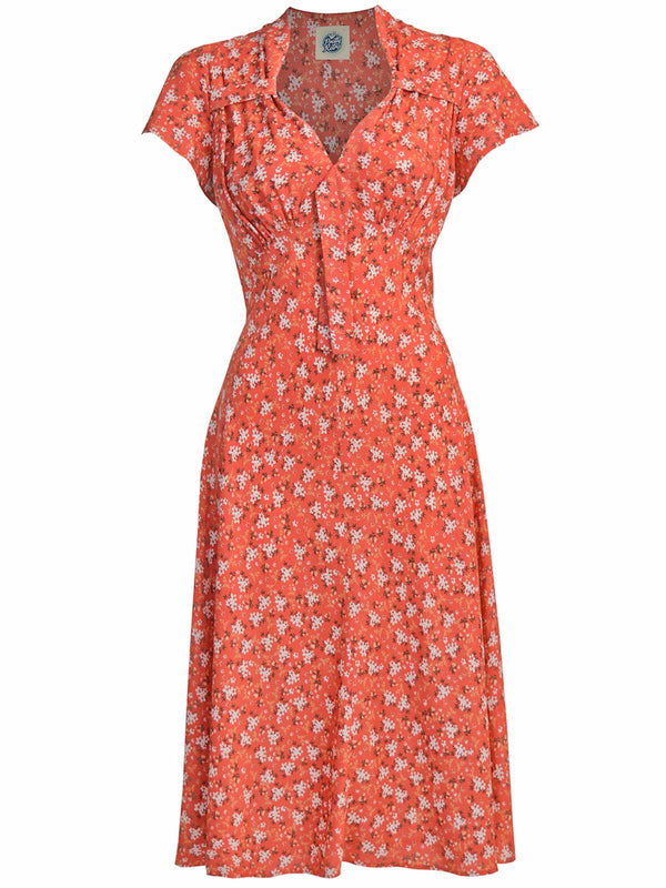 1940s Look Orange Ditsy Floral Tea Dress