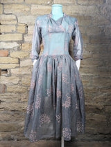 1950s Vintage Flocked Sheer Grey Occasion Dress