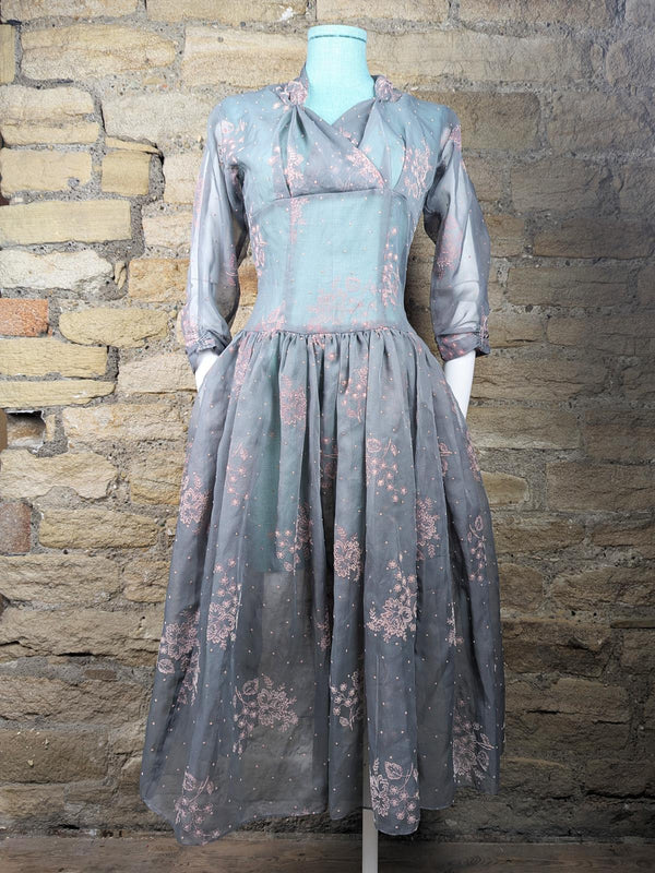 1950s Vintage Flocked Sheer Grey Occasion Dress