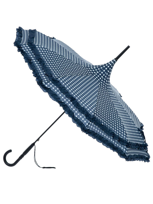 Navy Polka Dot Vintage Pagoda Style Umbrella