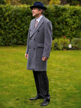 Navy Blue Herringbone Vintage Style Wool Overcoat