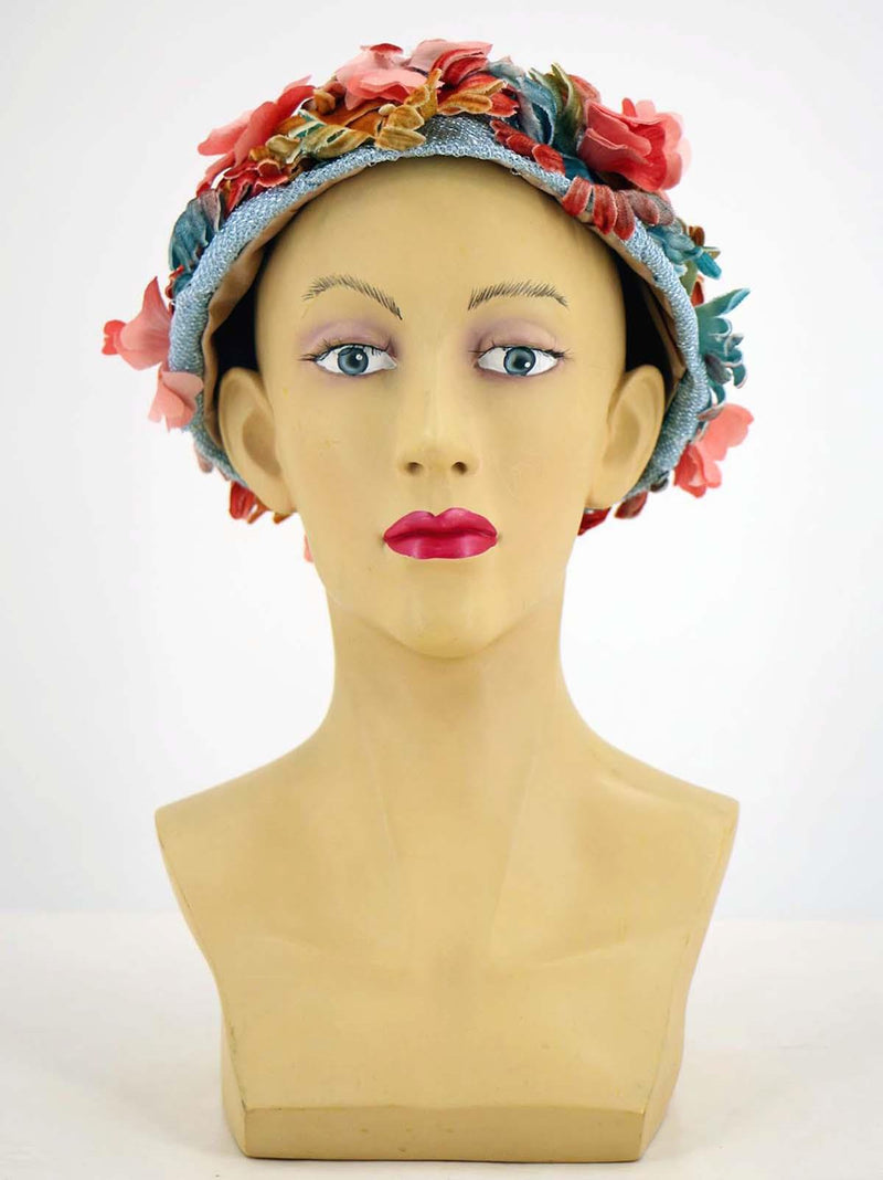 Coral Pink & Blue Flower Bomb Vintage 1960s Hat