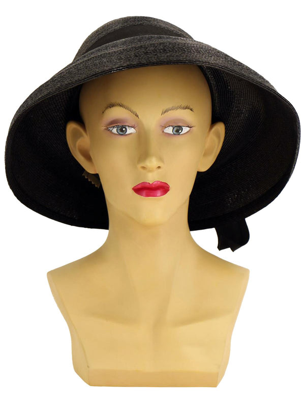 Vintage 1940s Glossy Black Straw Halo Hat