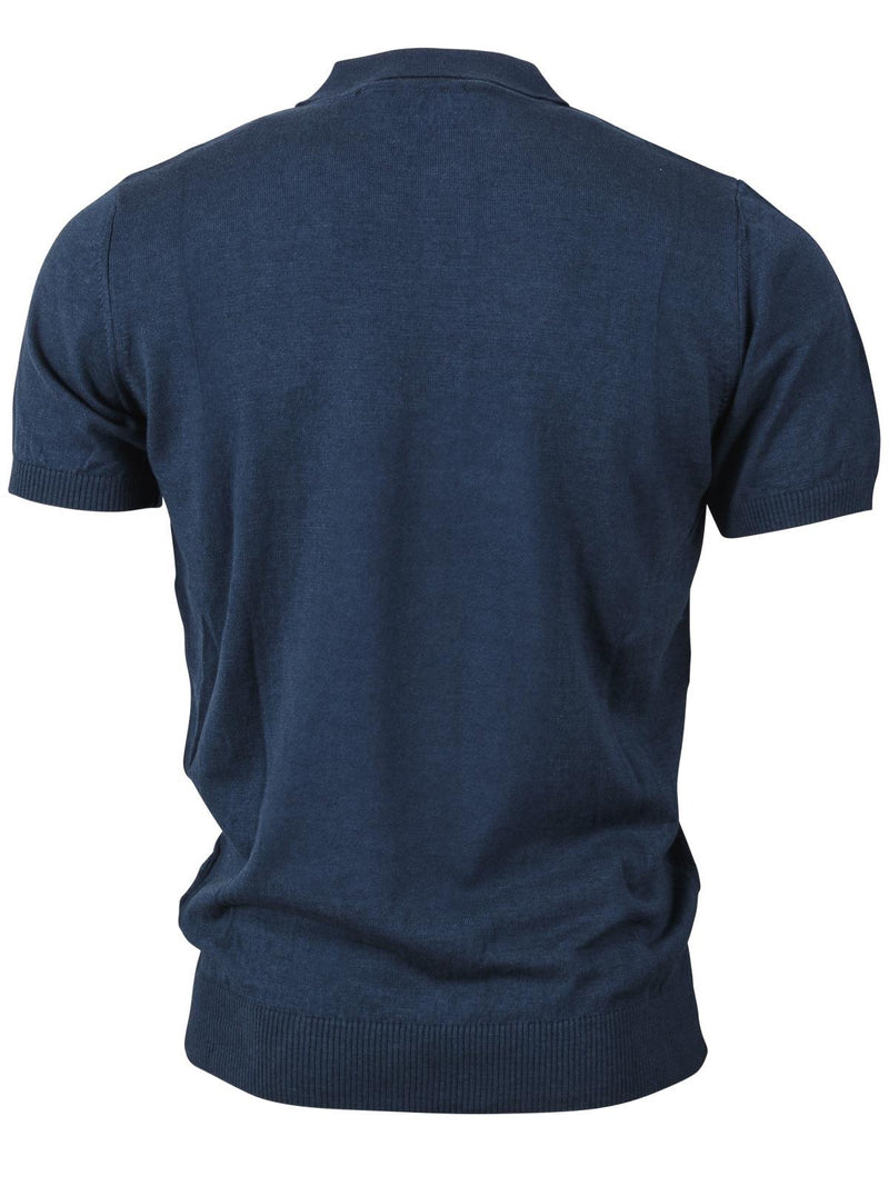 Navy Blue Textured Knit Retro Polo Top