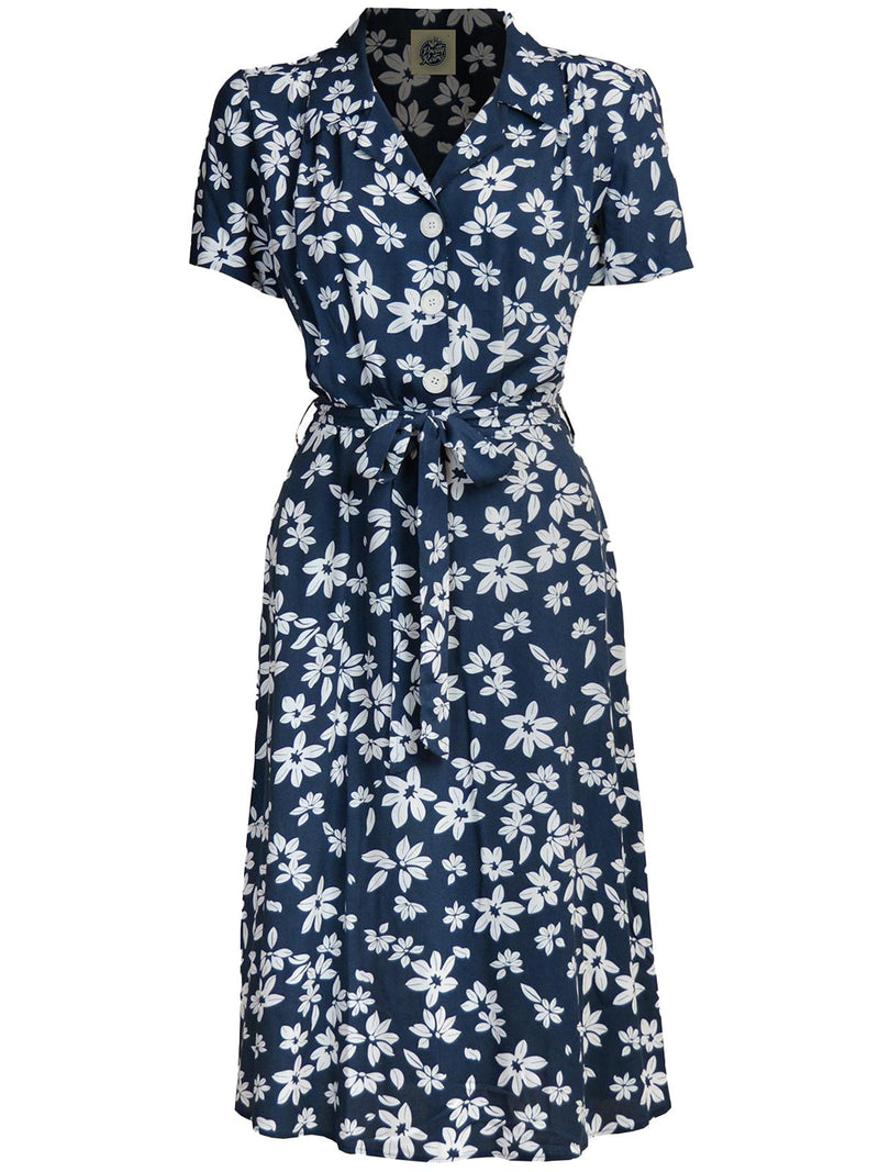 1940s Inspired Navy Tiki Print Shirt Dress