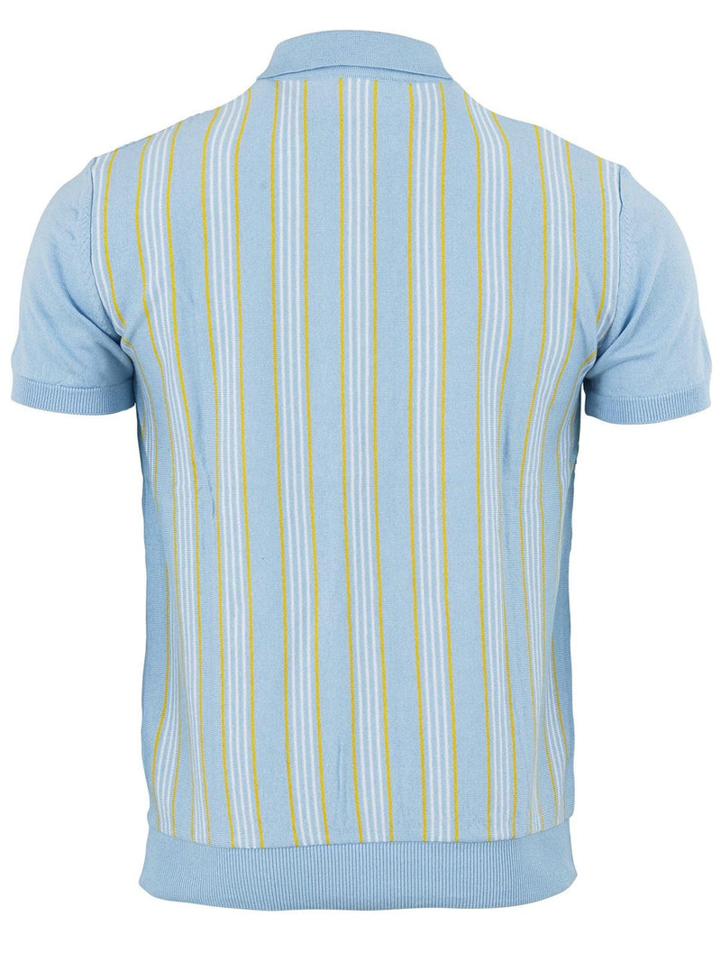 Sky Blue Striped Knit Retro Mod Polo Top