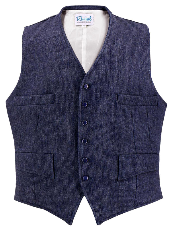 1940s Vintage Granville Herringbone Wool Waistcoat in Navy Blue