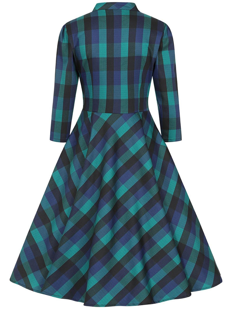 Deep Turquoise Check Vintage Style Swing Dress