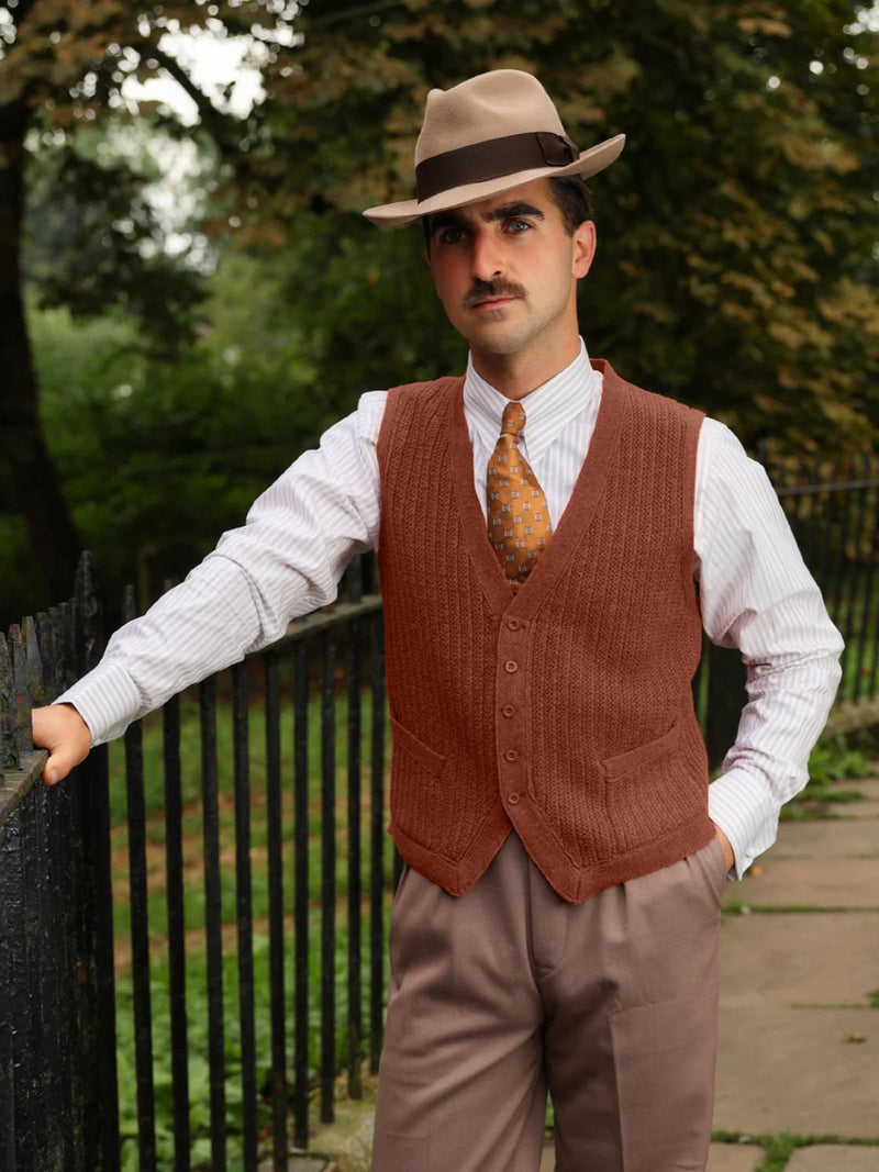 1940s Style Rufus Knitted Waistcoat in Russet